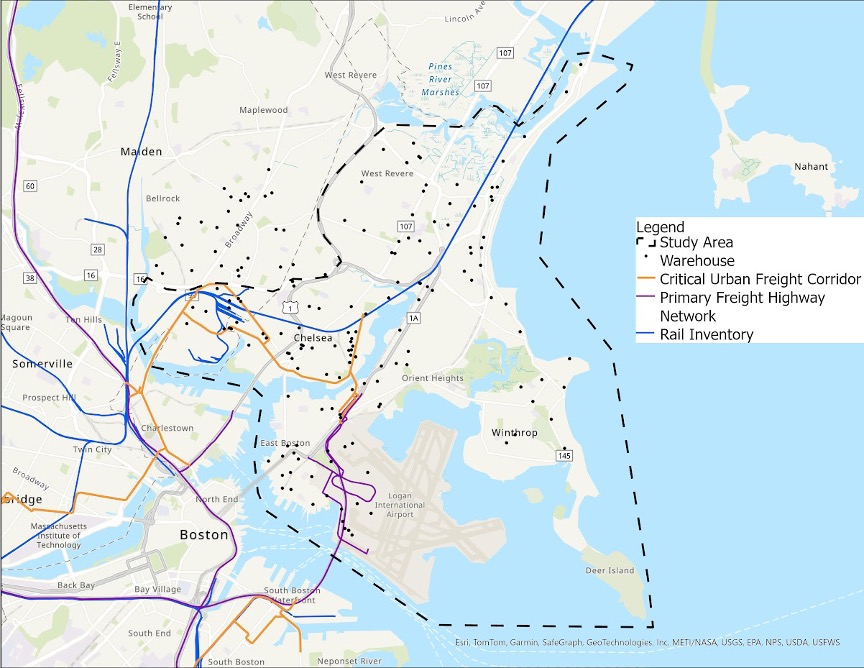 Map indicating freight corridors and infrastructure in the study area